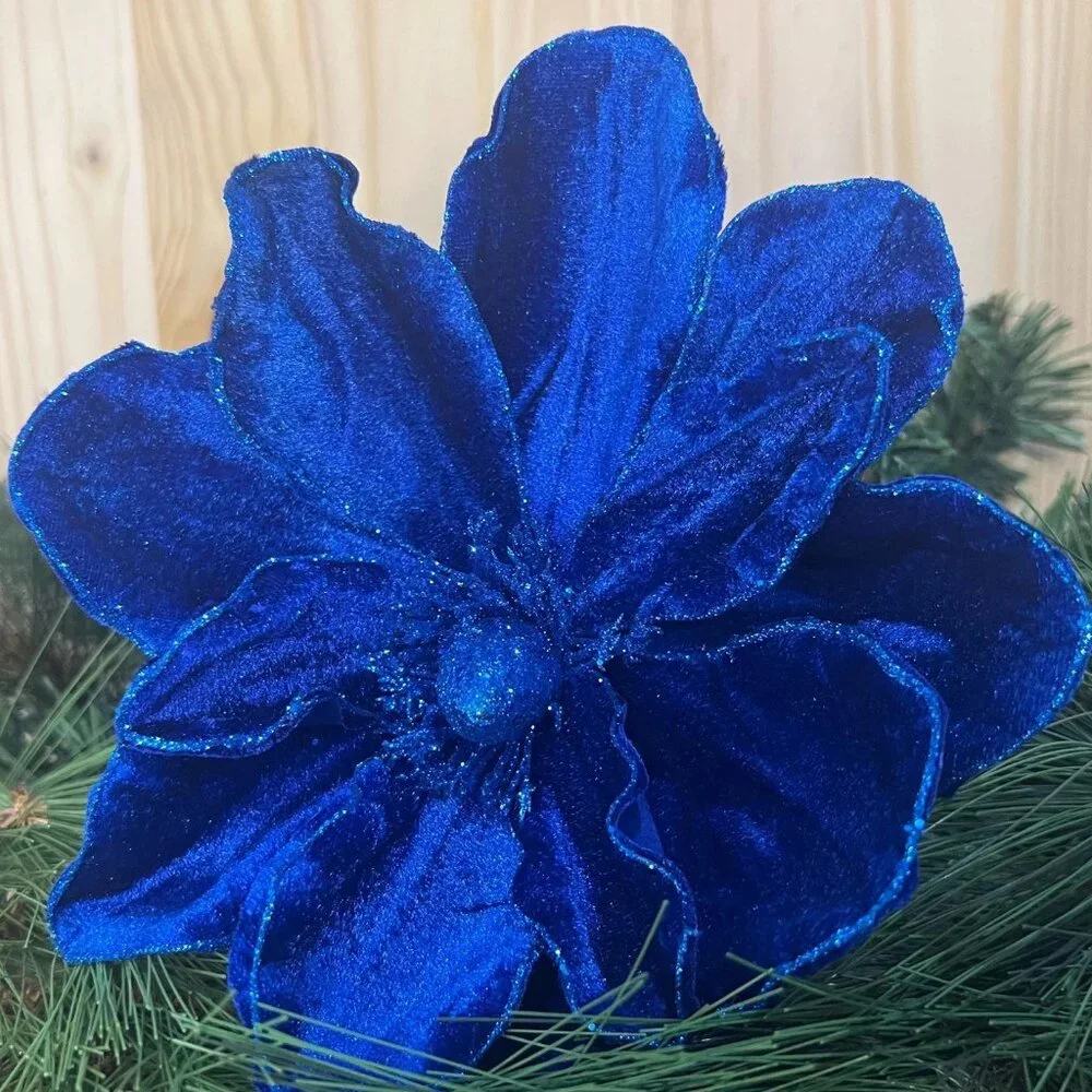 Sapphire Blue Deluxe Velvet Magnolia Floral Stem Pick Holiday Craft Supplies